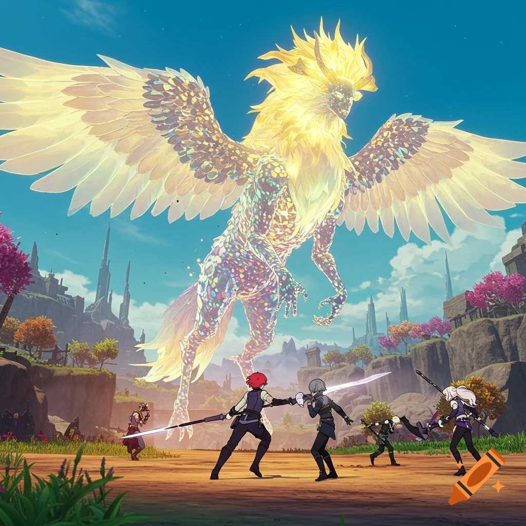 Large glowing beast fights characters with swords in an anime fantasy world.