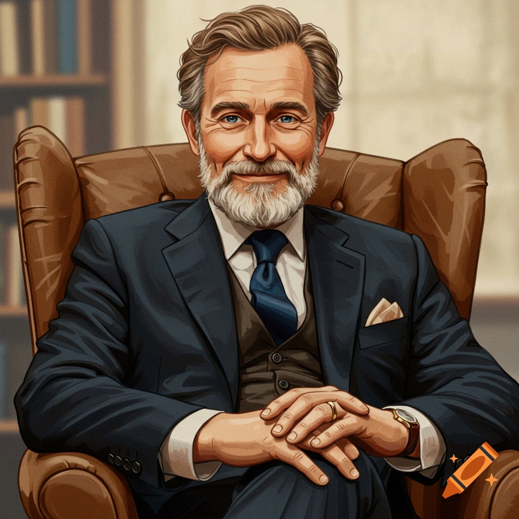 Portrait of a distinguished older man with a beard, wearing a dark suit and tie, seated in a leather chair.