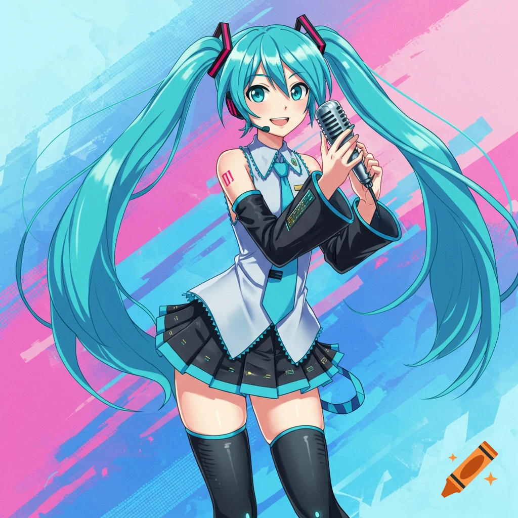 Hatsune Miku in anime style holding a microphone with pigtails flowing.
