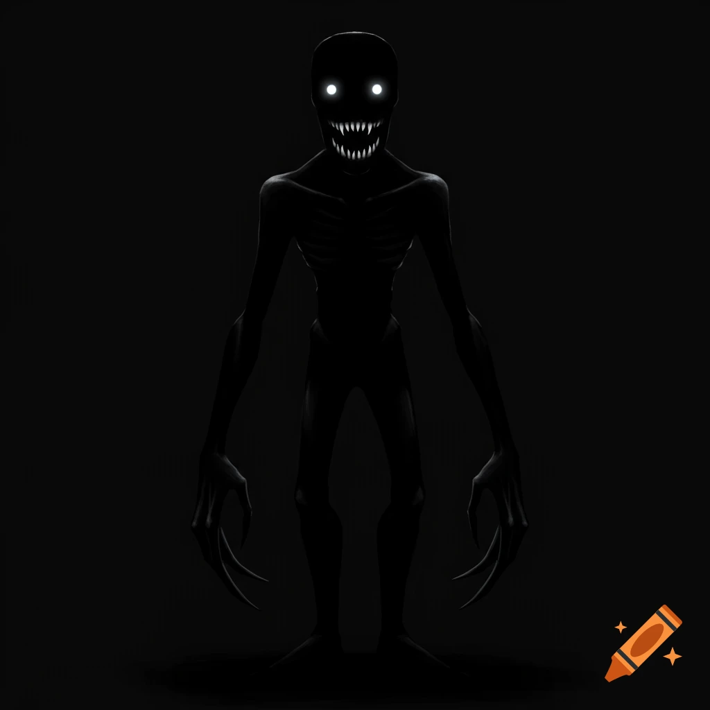 A tall, dark, slender creature with glowing eyes and sharp teeth stands in shadow.