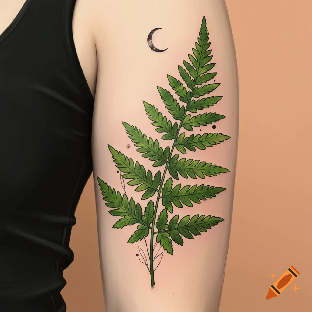 Large green fern tattoo and small crescent moon tattoo on an arm.
