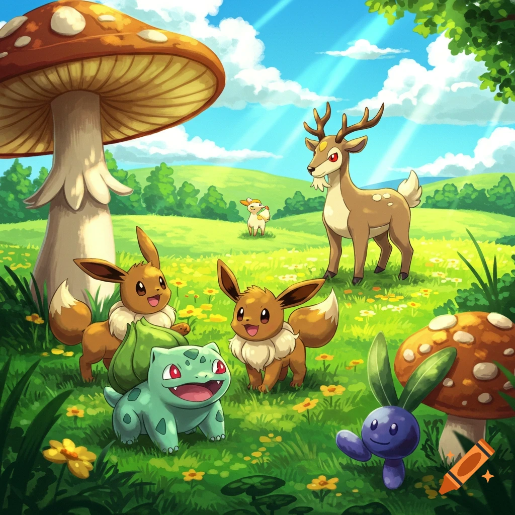 Eevee, Bulbasaur, Oddish, and Sawsbuck/Deerling-like Pok
émon in a field with giant mushrooms.