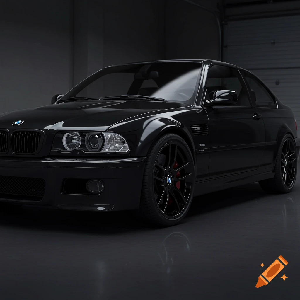 A black BMW coupe is parked in a garage.