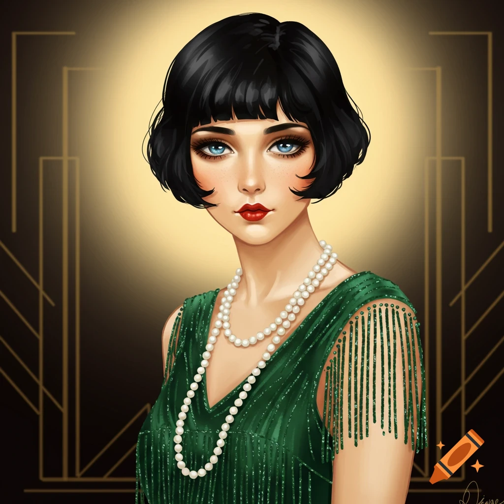 A 1920s woman with a bob haircut, green dress, and pearls.