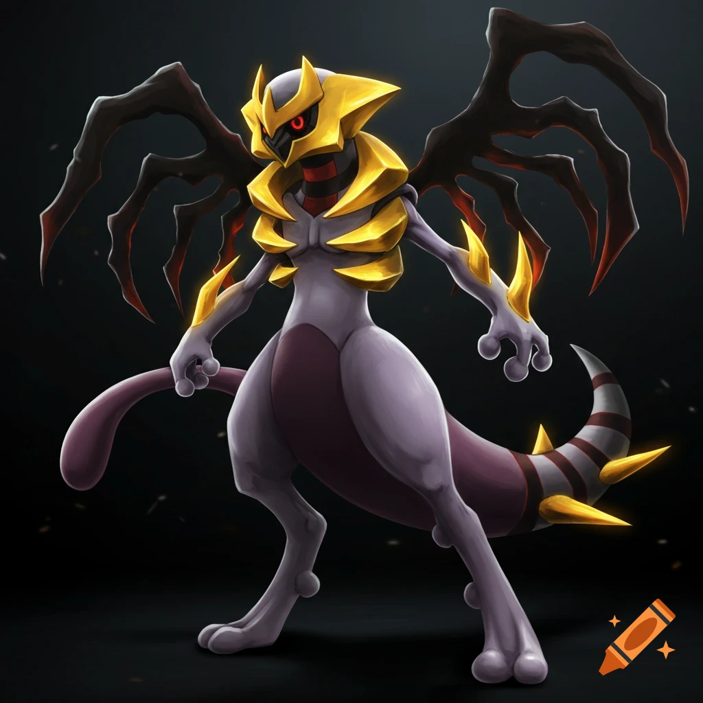 A digital art illustration of a Mewtwo Giratina fusion creature with golden armor and dark wings against a dark background.