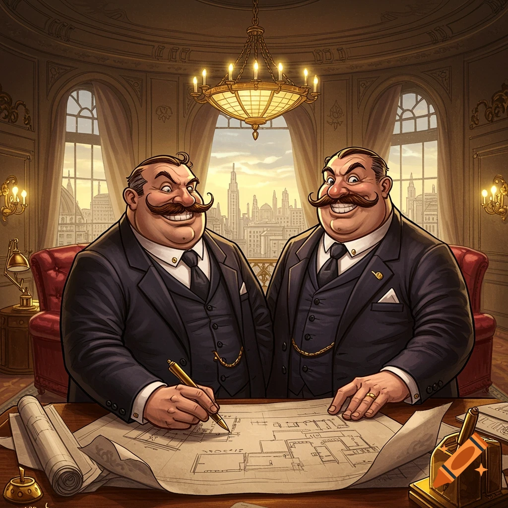 Two men in suits look over architectural plans in a grand office, vintage comic book style.