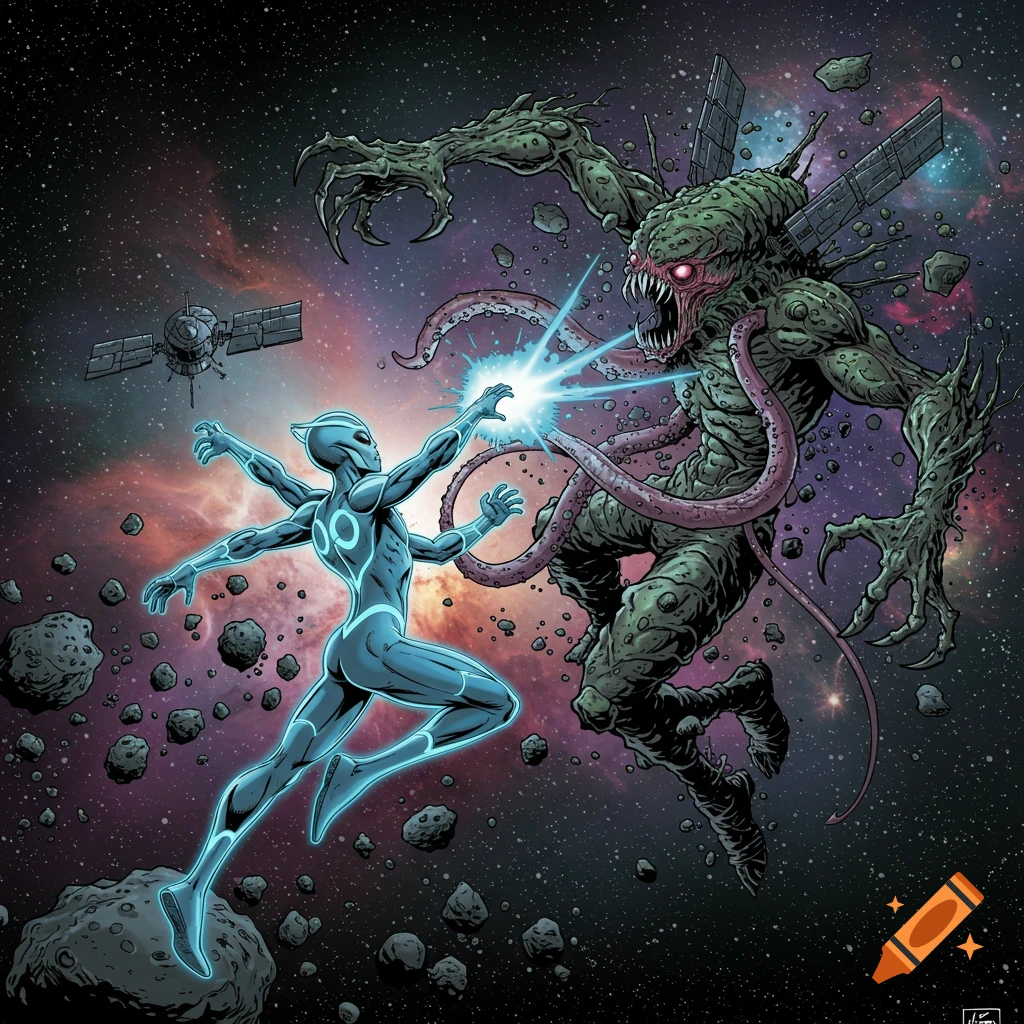 Blue superhero fights a green space monster among asteroids in a comic book style.