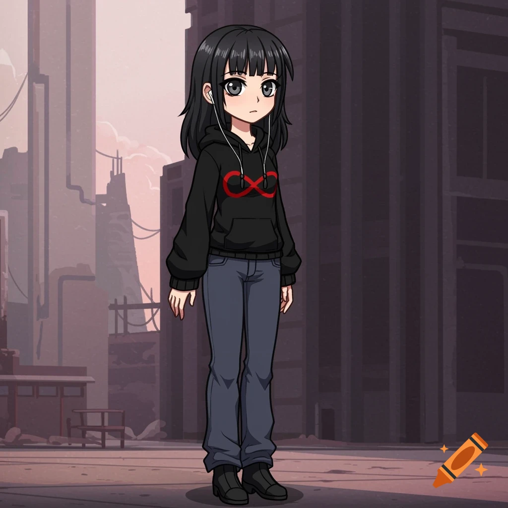 Anime girl with black hair wearing a black hoodie with a red symbol, jeans, and earbuds stands in a dystopian city.