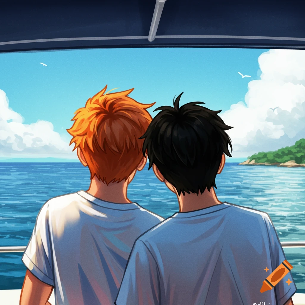 Two people with orange and black hair look out at the sea from a boat.
