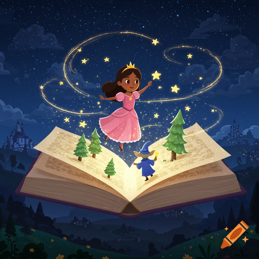 Cartoon princess flies out of a storybook with a small wizard, surrounded by stars and magic under a night sky.