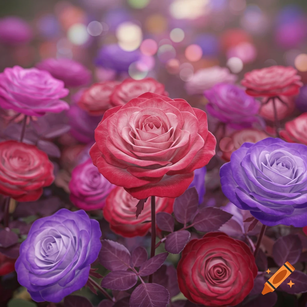 Close-up of colorful 3D rendered roses (red, pink, purple) with a blurred, bokeh background.