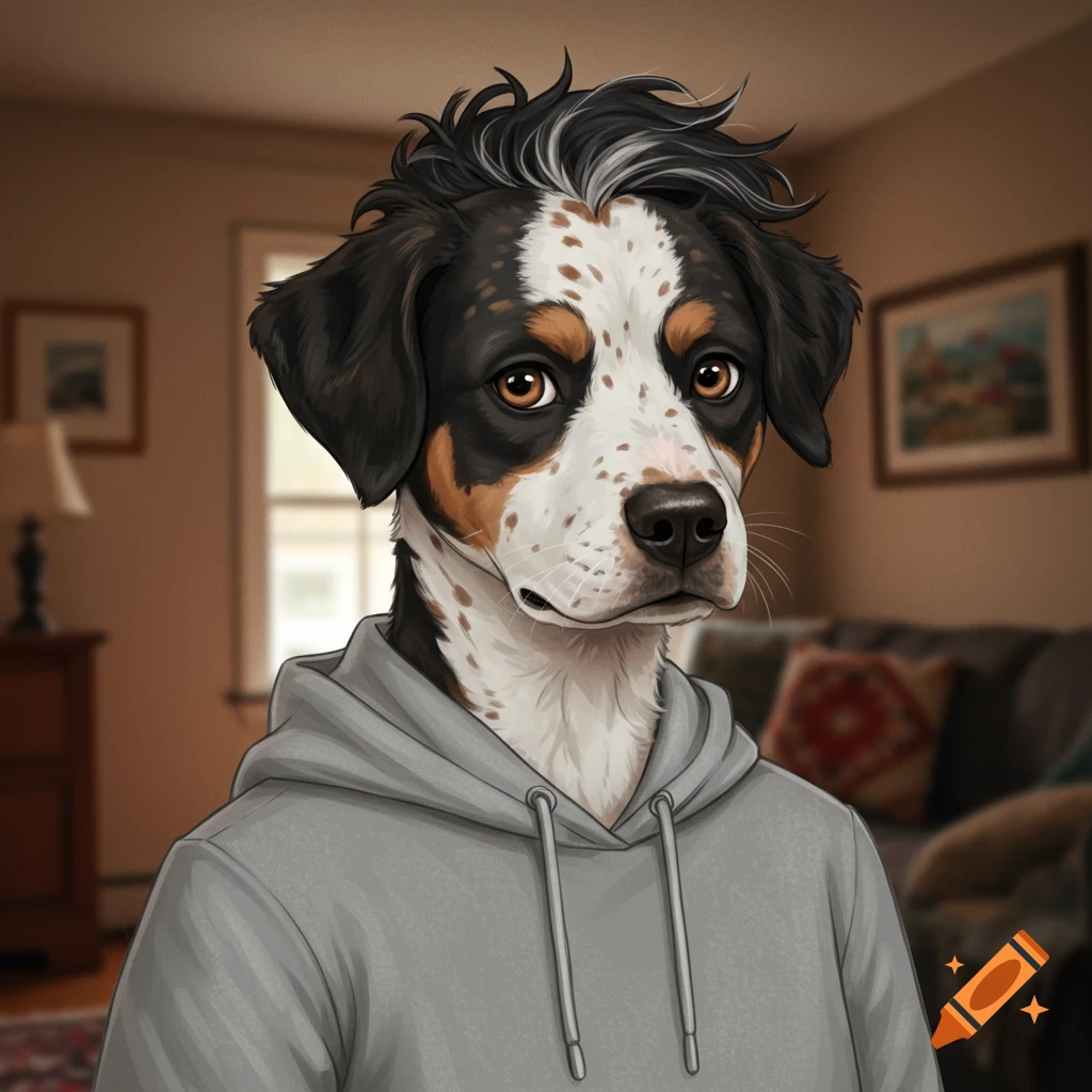 A dog with black, white, and brown fur wears a grey hoodie in a living room.