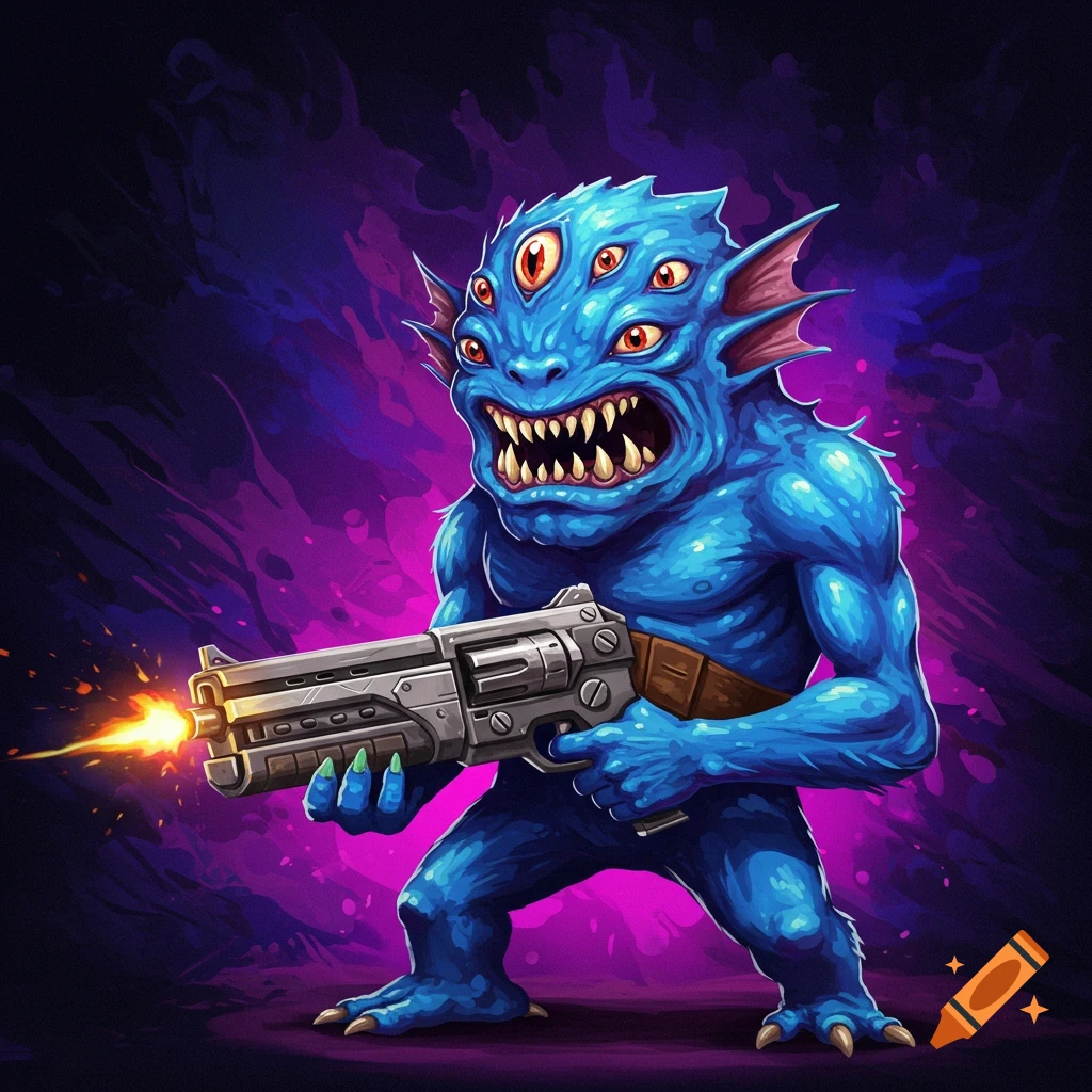 A blue, multi-eyed monster holds and fires a large revolver.