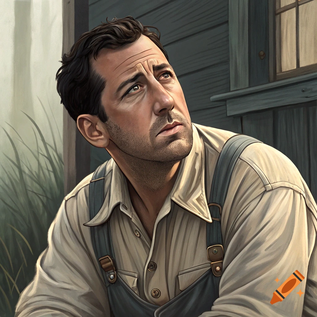 An illustration of a man in overalls looking up, outside a wooden building.