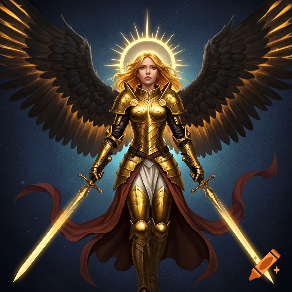 Golden-haired female angel in golden armor with black and gold wings, holding two swords.