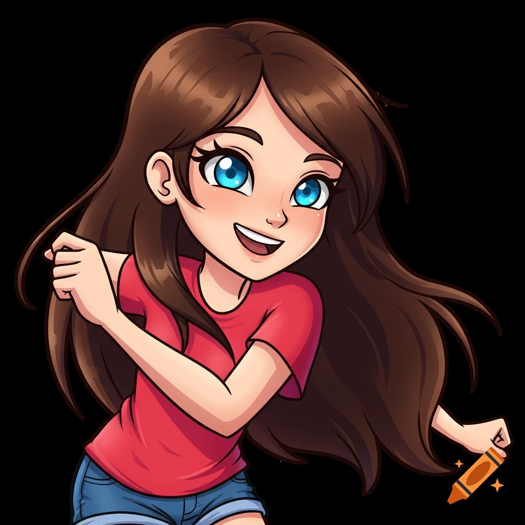 Cartoon girl with brown hair and blue eyes smiling on a black background.