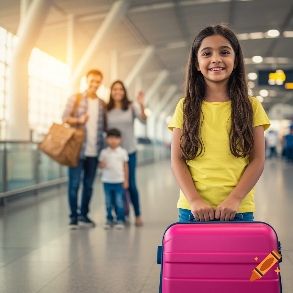 A young girl in a yellow shirt holds a pink suitcase, smiling in an airport terminal with her blurred family in the background.
