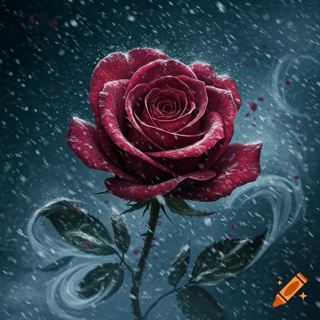 A deep red rose covered in snow, with snow falling and swirling mist against a dark background.