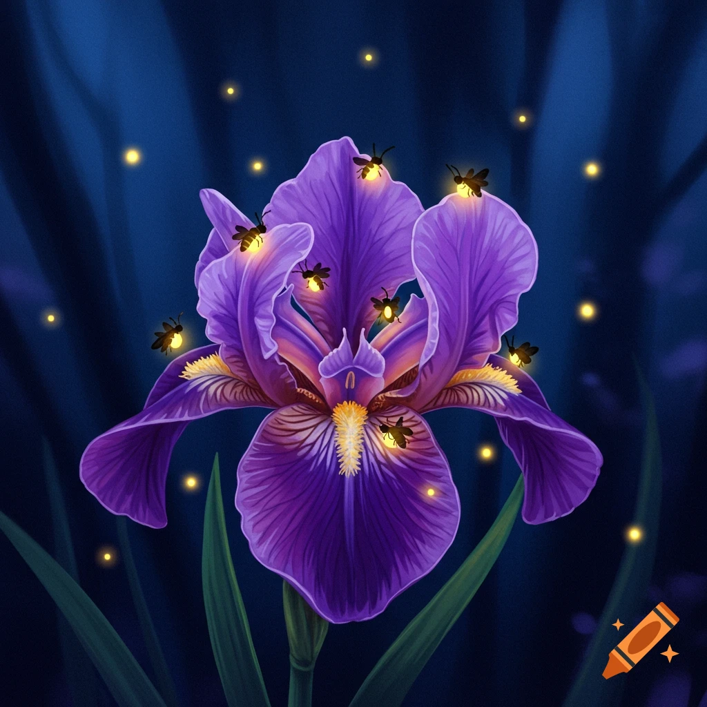 A purple iris flower with fireflies on its petals at night.