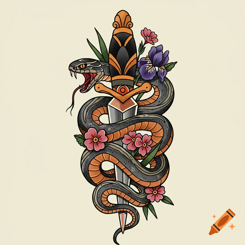 American traditional tattoo of a snake coiled around a dagger with flowers