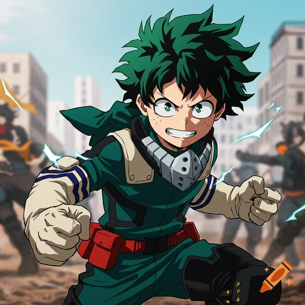 Anime illustration of Deku from My Hero Academia in his hero costume, charging forward with green lightning effects, in an urban setting.