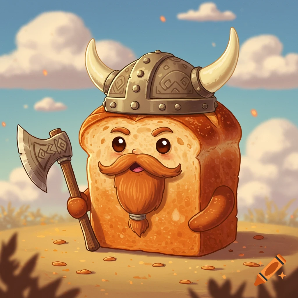 Cartoon bread character with a viking helmet and axe in a field.