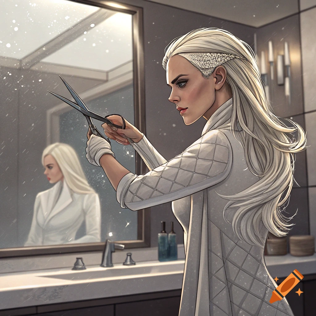Stylized illustration of a woman with long white hair holding scissors in a bathroom, looking in a mirror.