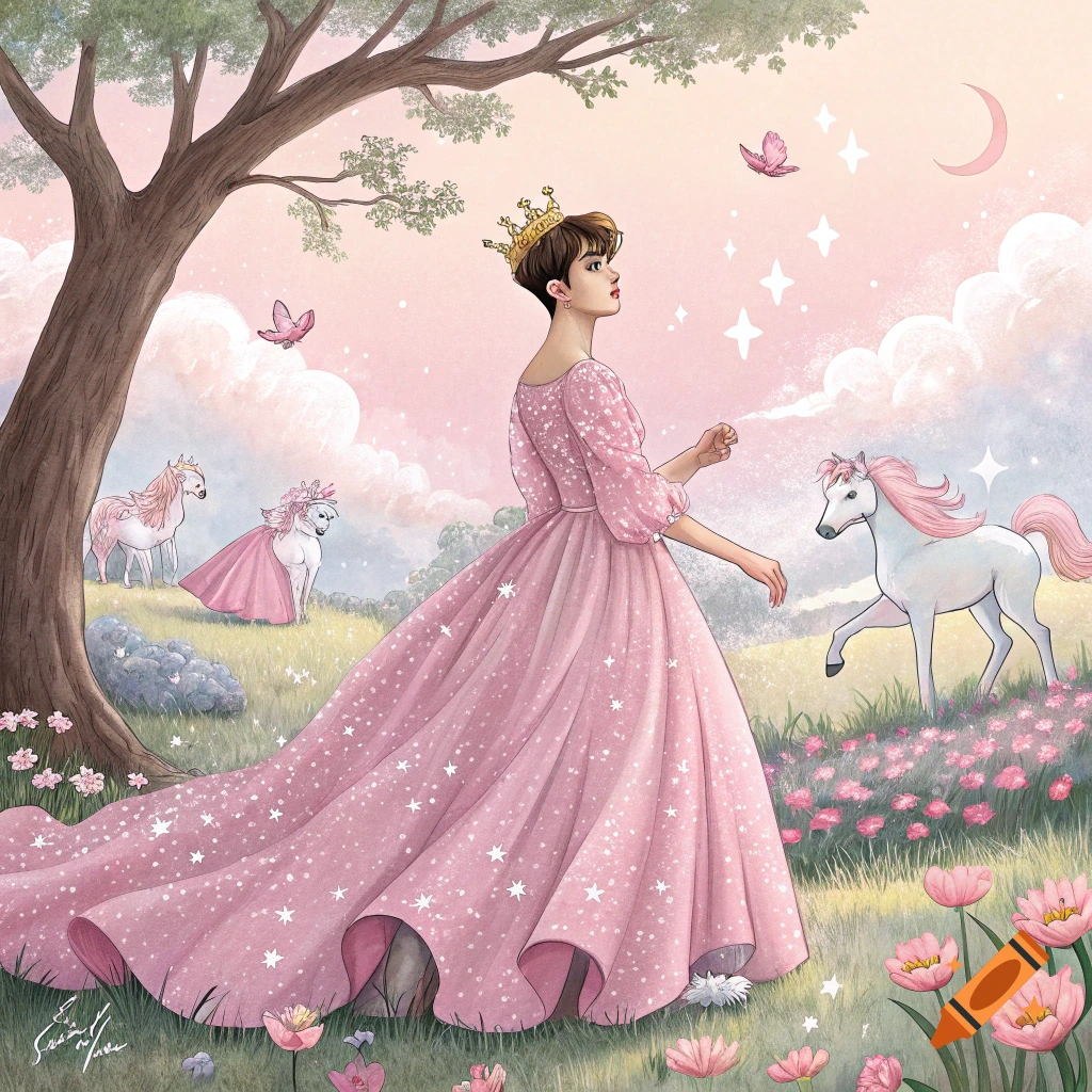 Illustration of a person in a sparkly pink dress and crown in a magical meadow with unicorns and butterflies.