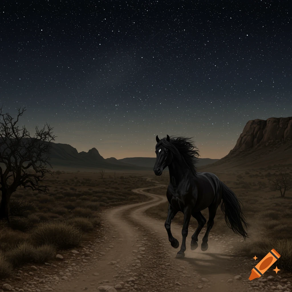A black horse runs on a dirt path through a desert landscape under a starry night sky.