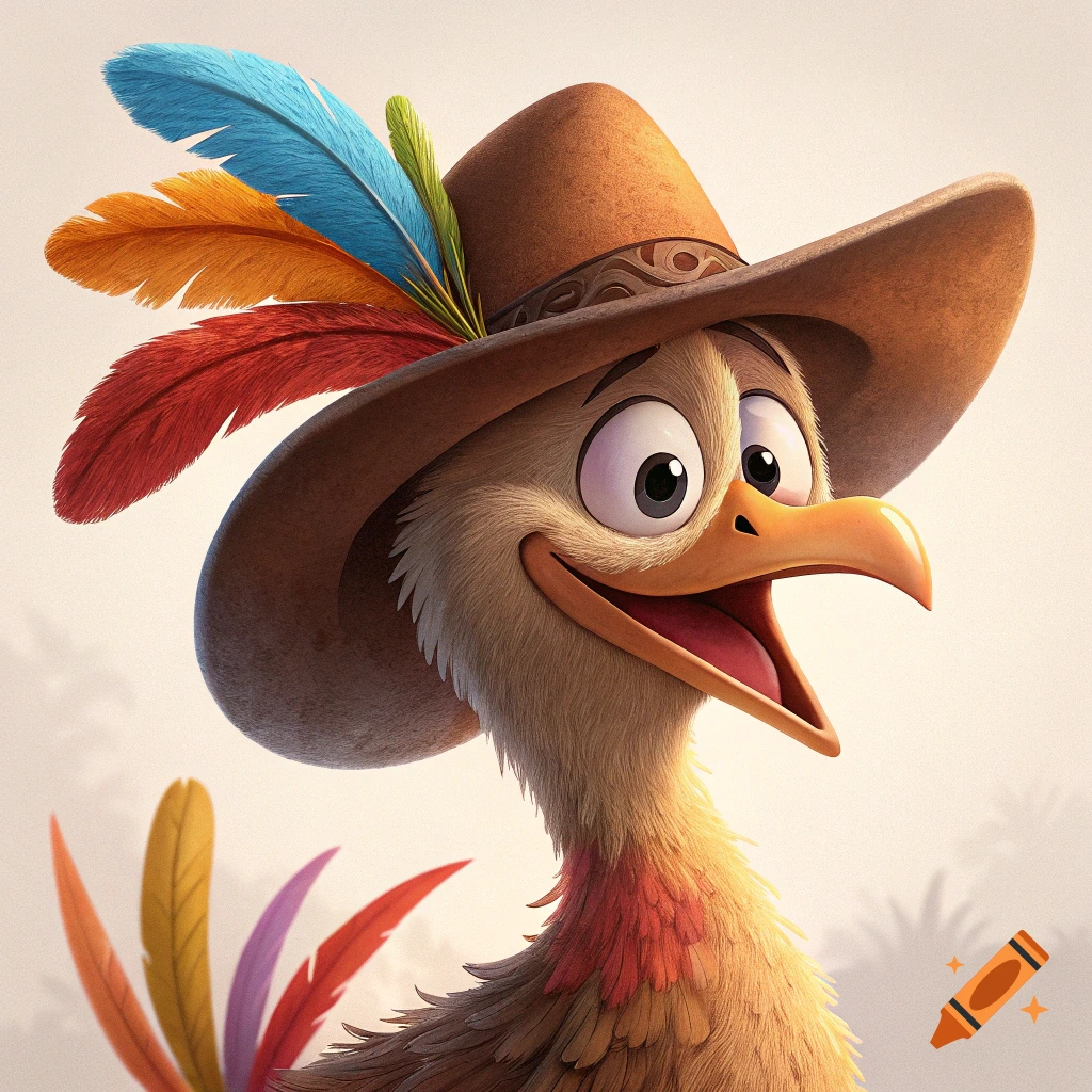 A smiling cartoon chicken wearing a cowboy hat decorated with colorful feathers.