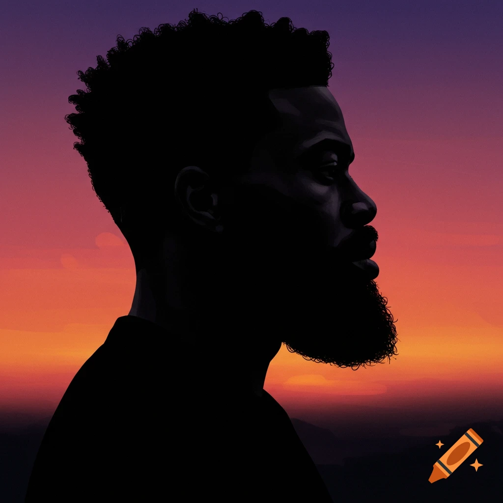 Silhouette of a Black man with a beard against a purple and orange sunset.