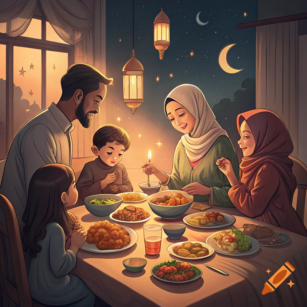 A Muslim family eats a meal together at night, with lanterns and moons visible outside.
