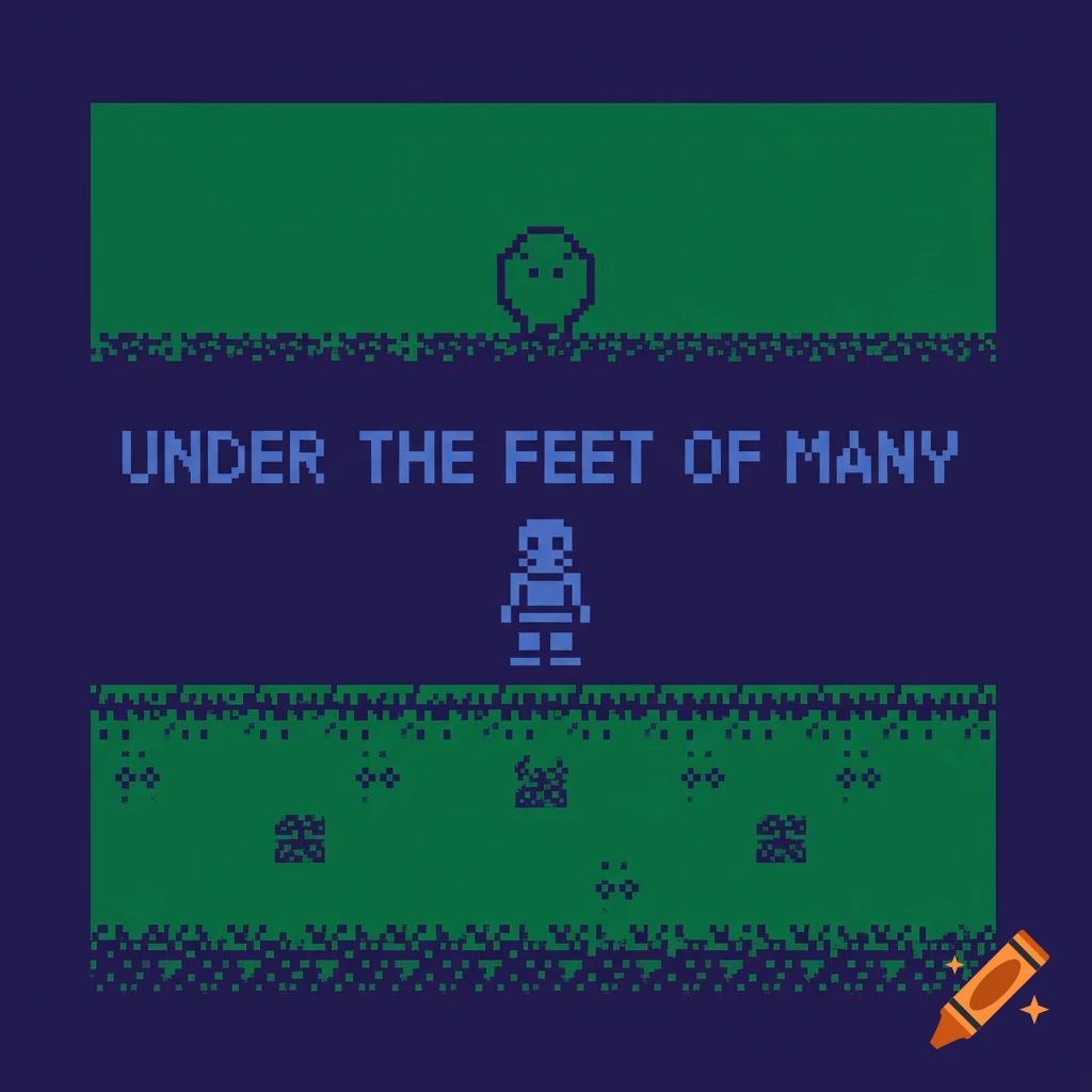 Pixel art image with text 'UNDER THE FEET OF MANY', a character, and terrain elements.