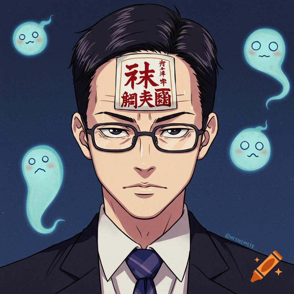 Anime style portrait of a man in a suit with a talisman on his forehead and blue spirits floating around him.