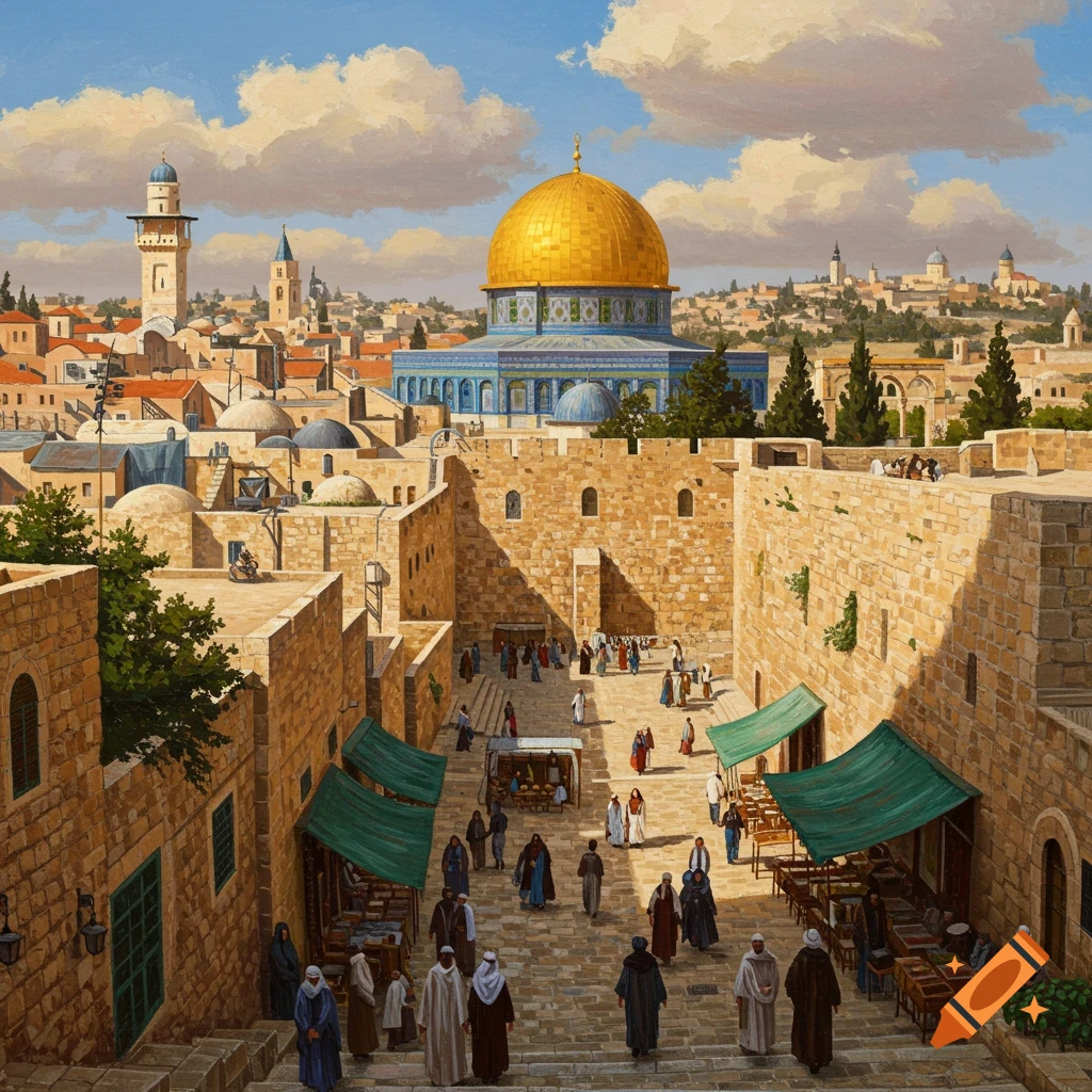 Street scene in Jerusalem with the Dome of the Rock and marketplace.
