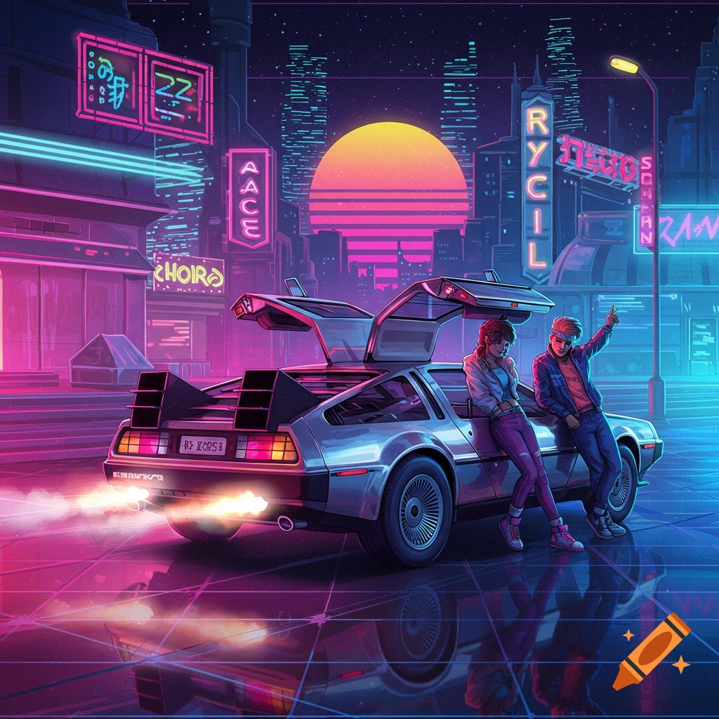 A DeLorean car parked in a neon-lit city street with a couple leaning on it, in a synthwave style.