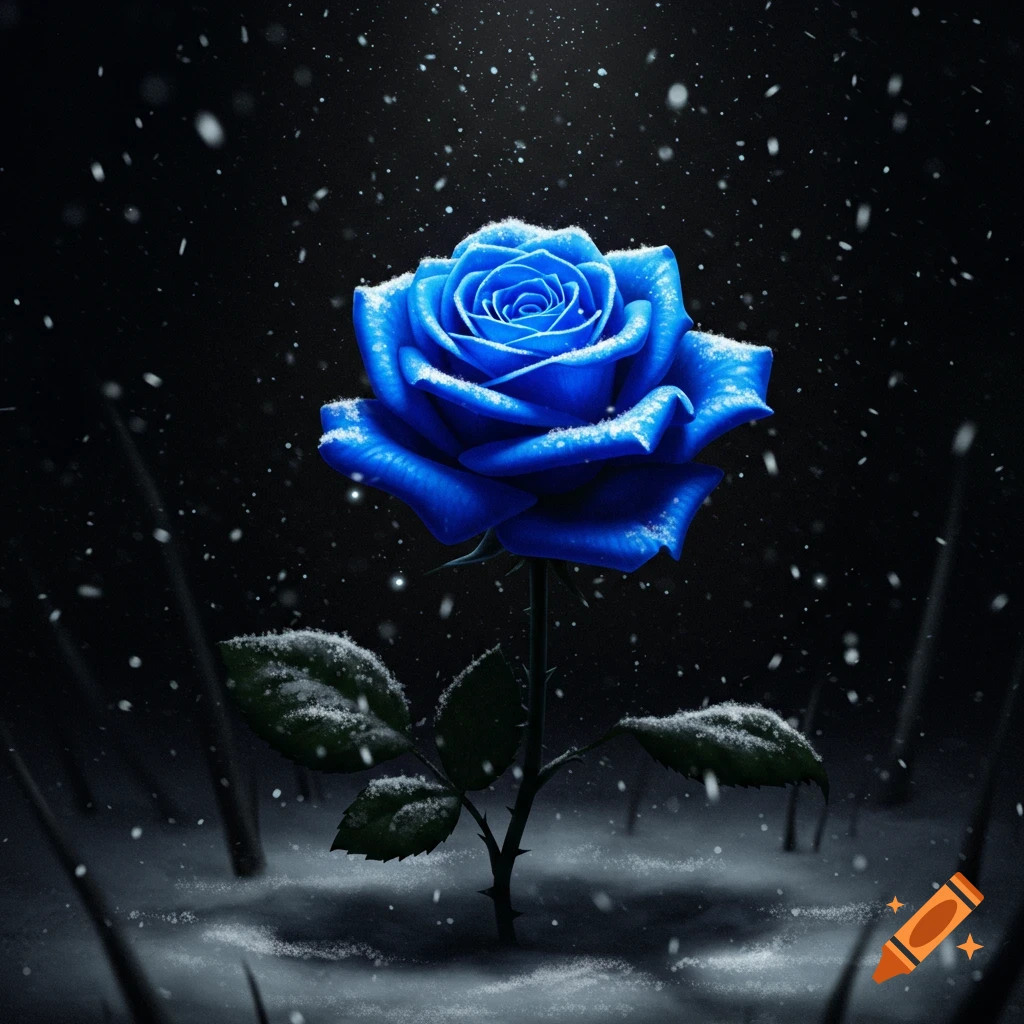 A blue rose covered in snow in the darkness