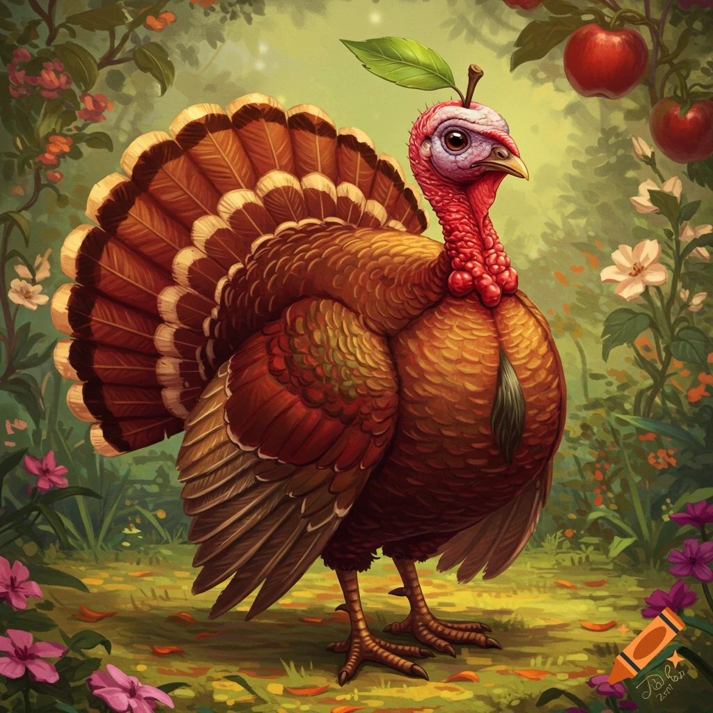 A turkey with an apple stem on its head standing in a forest.