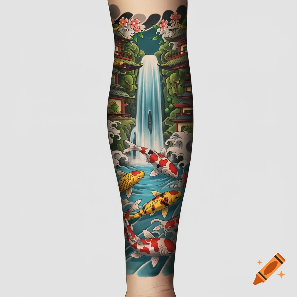 A Japanese style tattoo design on an arm with a waterfall, temples, and koi fish.