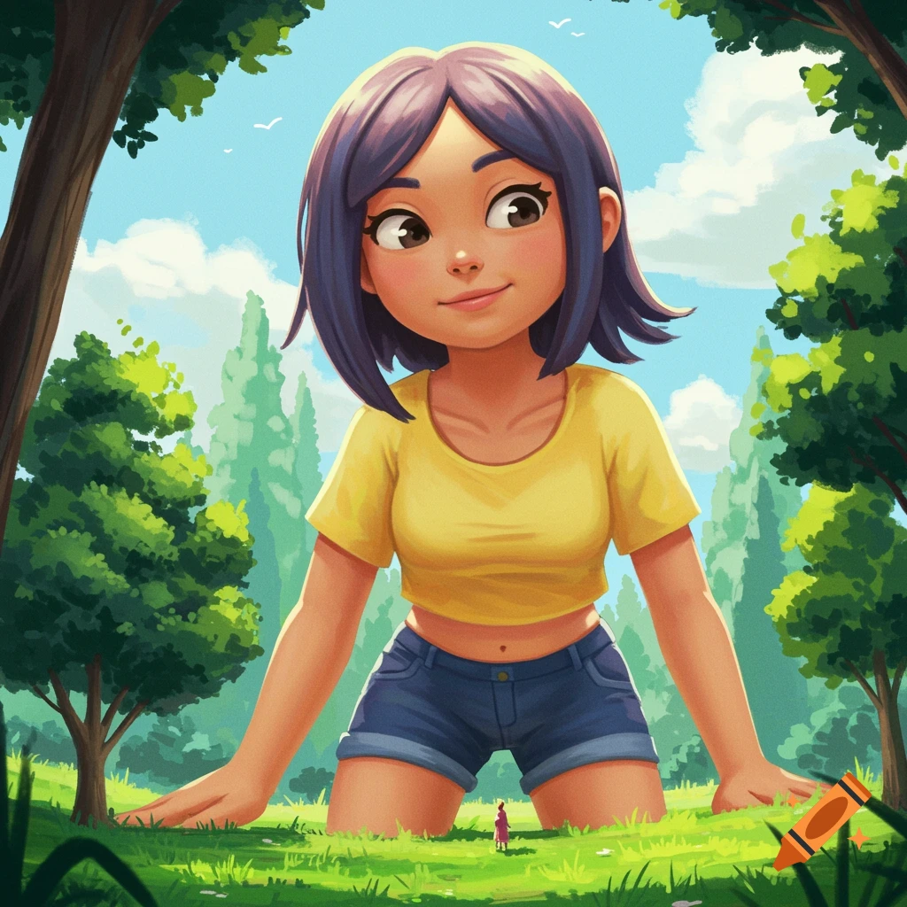 Vibrant scene of a giant girl kneeling in a park wearing a yellow crop top and blue shorts.
