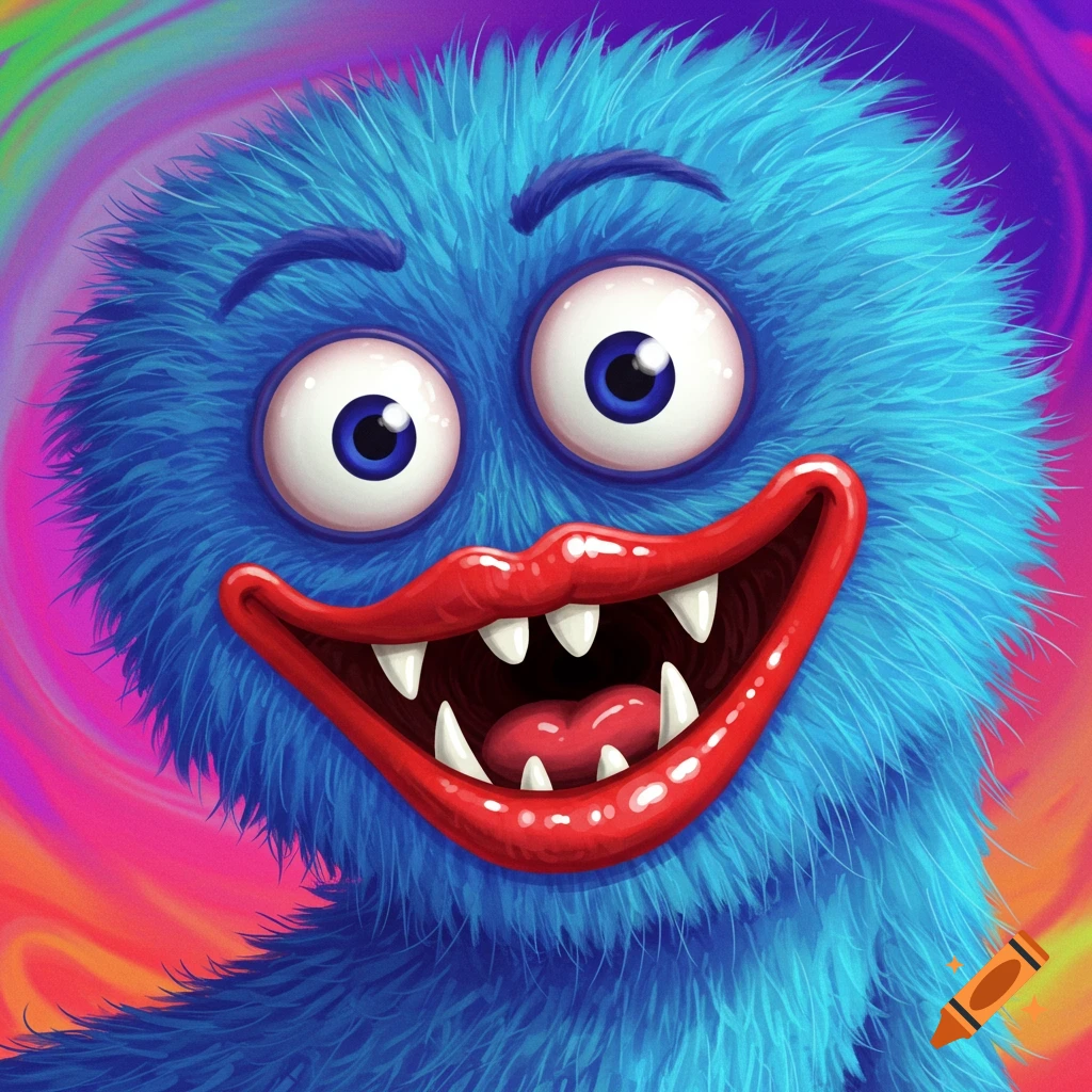 A close-up of a blue furry cartoon monster with large eyes and a wide mouth showing sharp teeth and red lips.