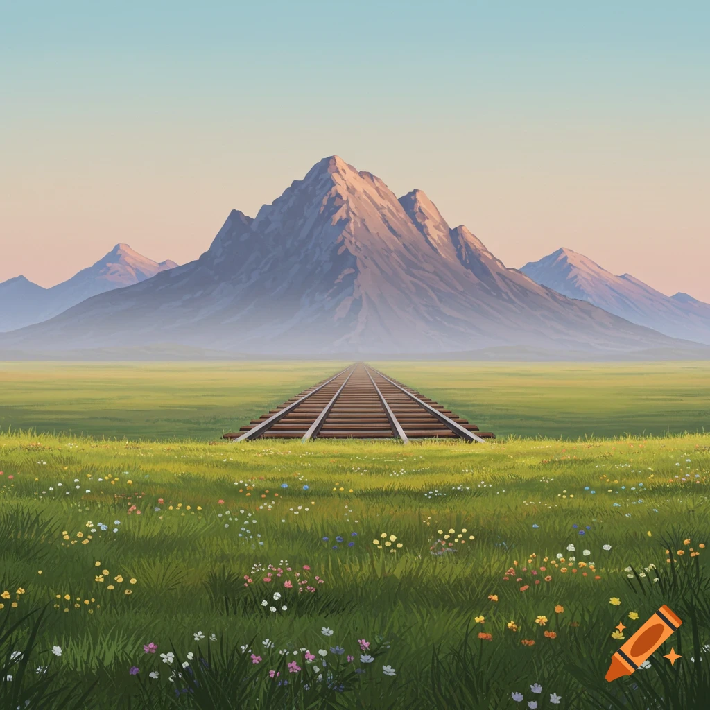 Train tracks run through a grassy field toward mountains under a clear sky.