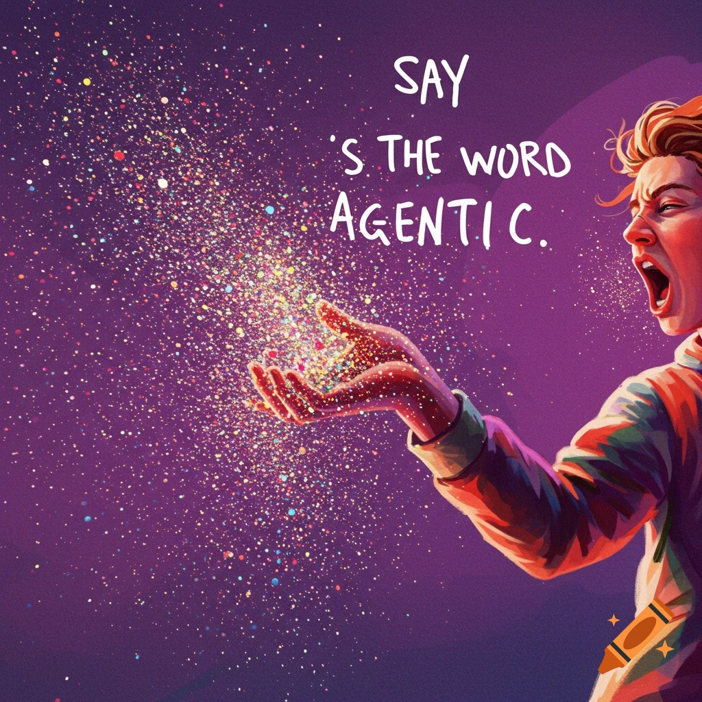A person throwing glittering particles, with text 'SAY 'S THE WORD AGENTIC.'.