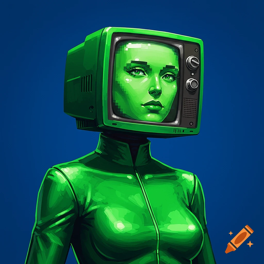 Image of a female with a green TV head and green suit on a blue background