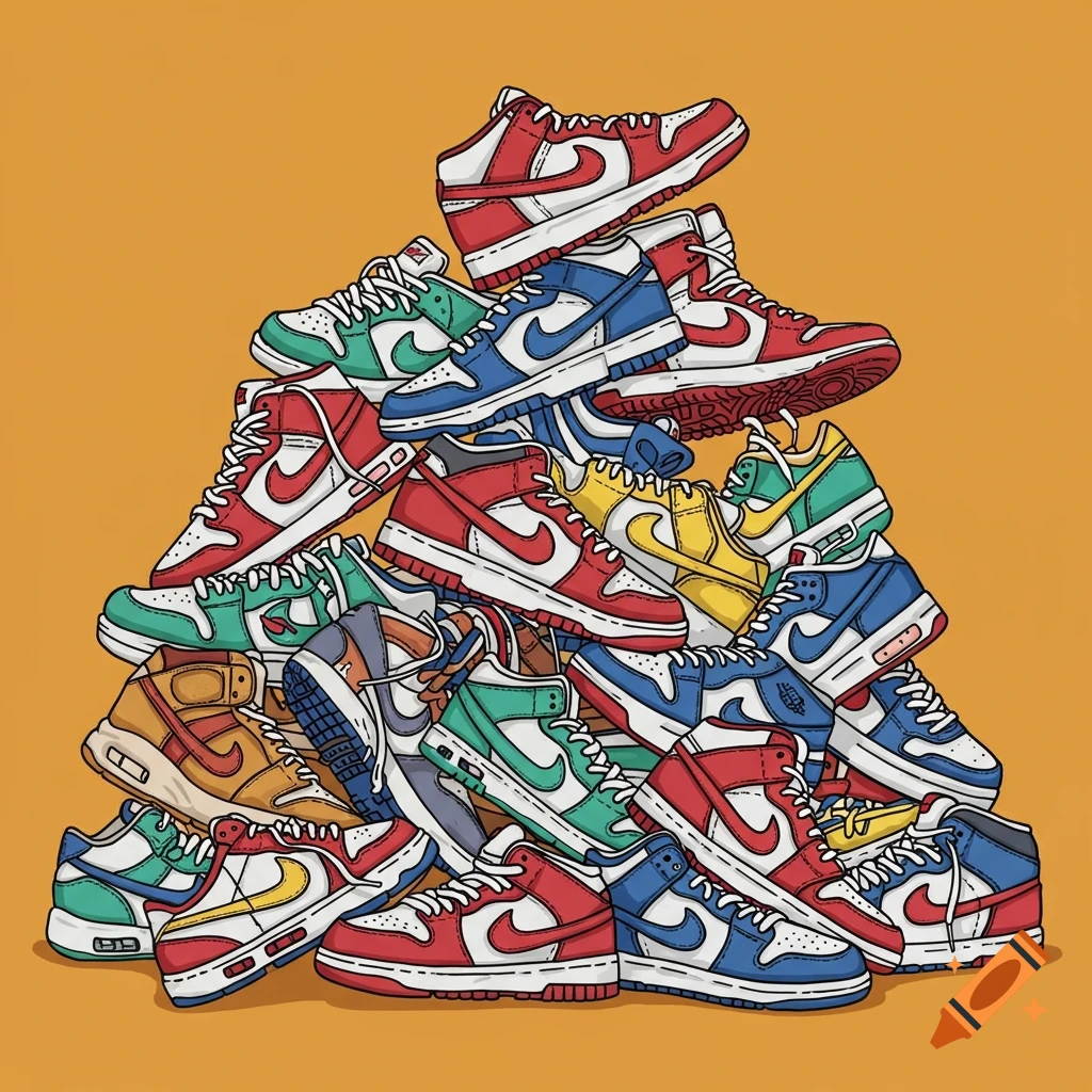 A cartoon illustration of a pile of colorful Nike sneakers.