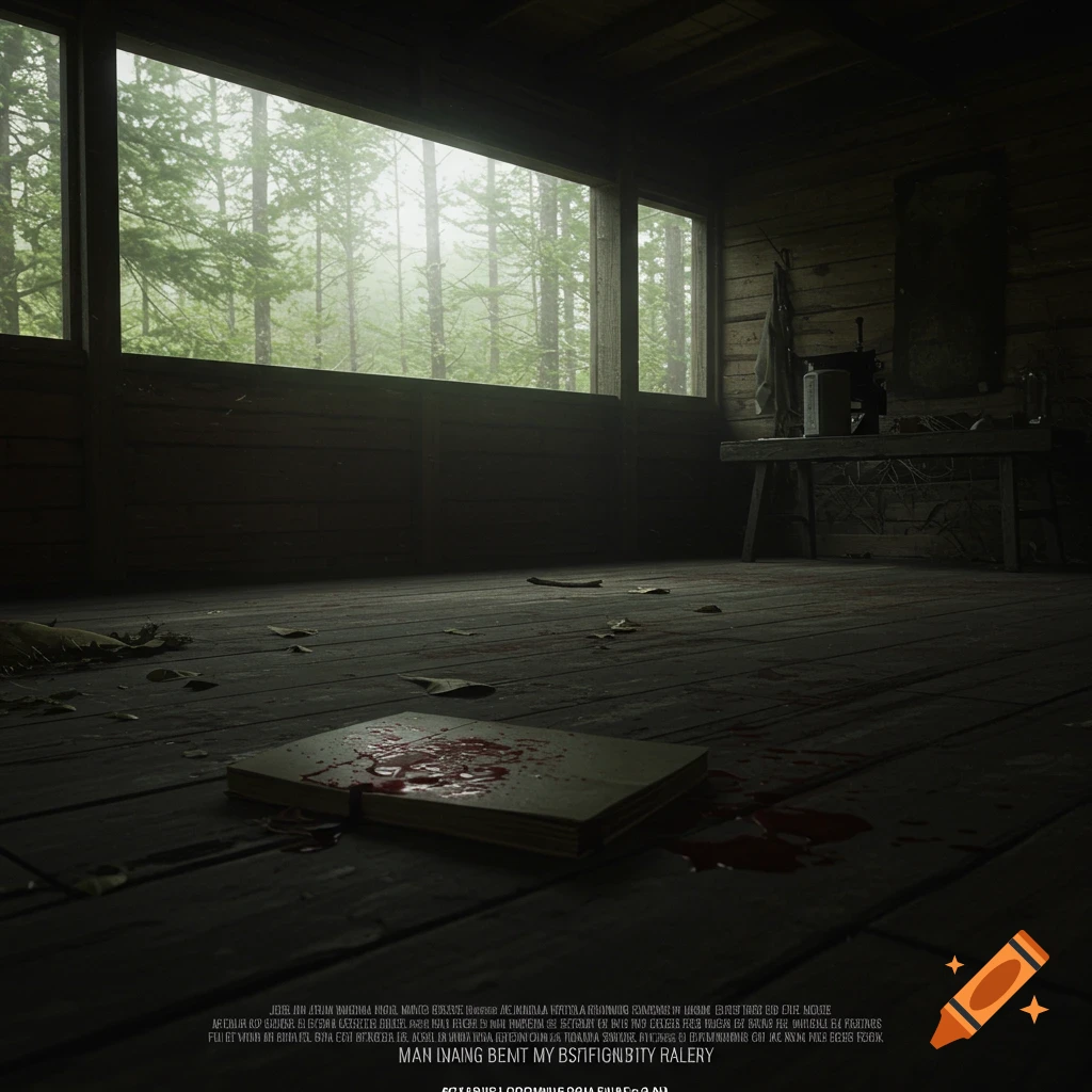 Inside a rustic cabin looking out large windows to a foggy forest, journal with blood on the floor.