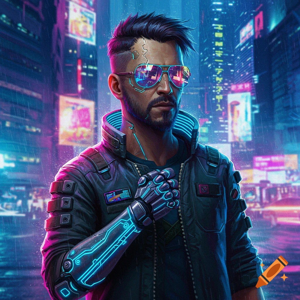 A man with cybernetics and sunglasses stands in a rainy cyberpunk city.