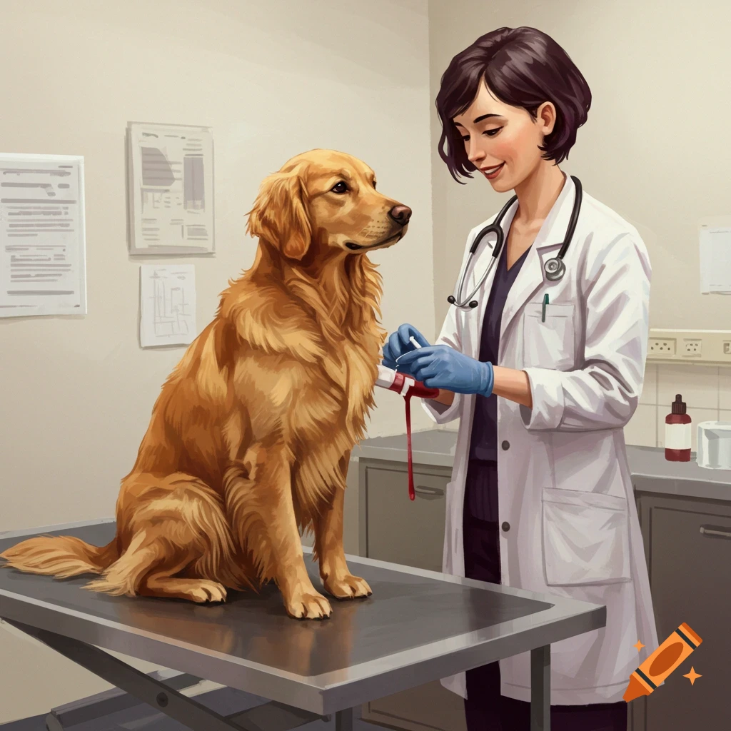 A golden retriever dog getting a blood draw from a veterinarian in a clinic.