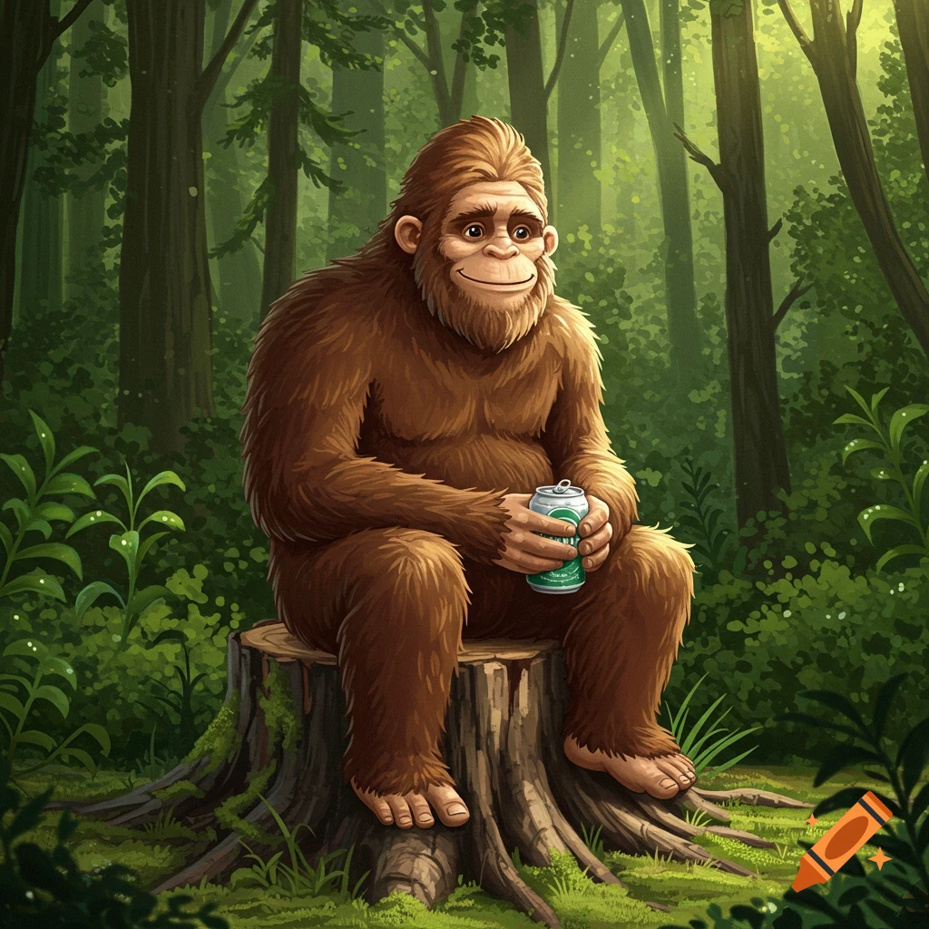 Bigfoot sitting on a tree stump in a forest, holding a can.