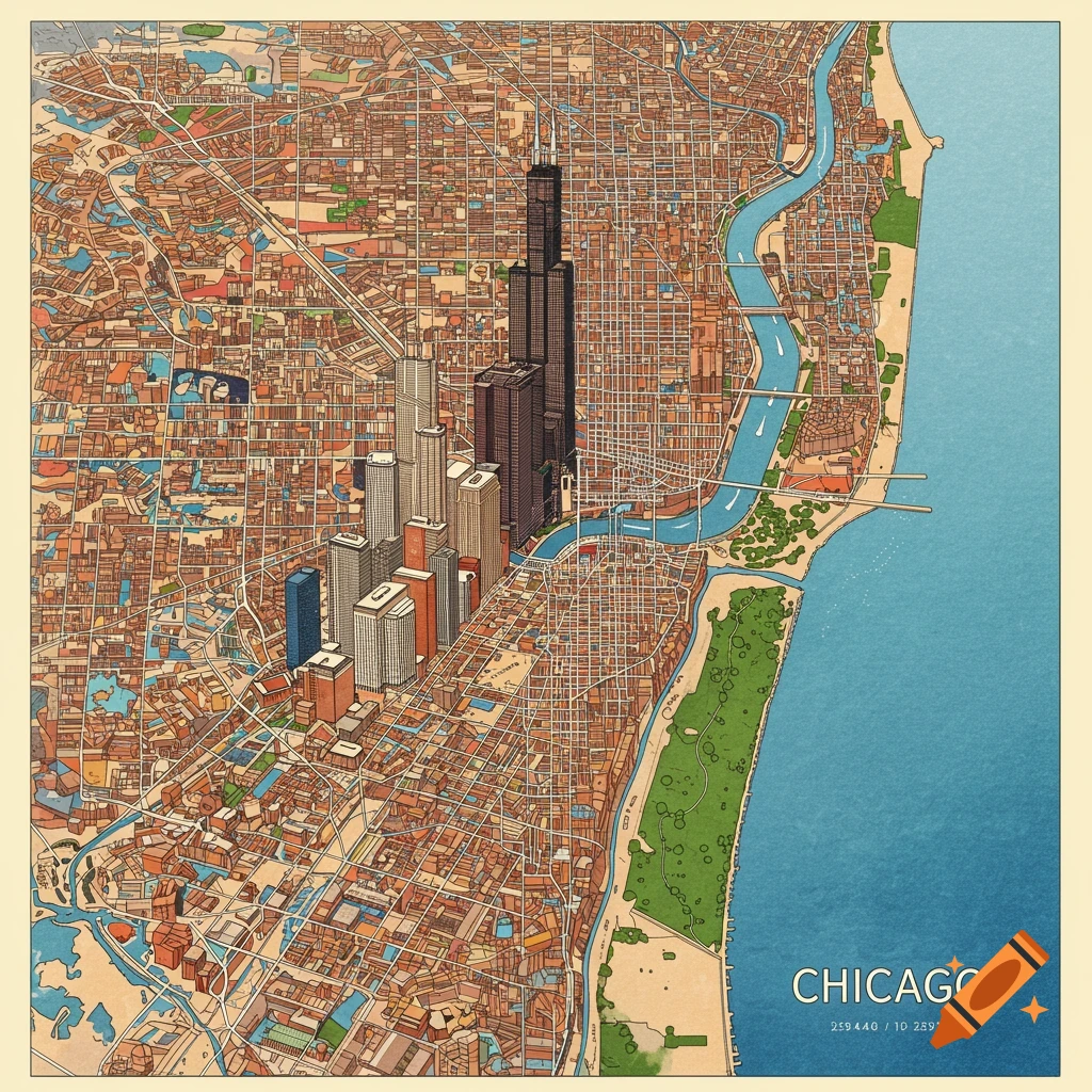 A stylized map of Chicago showing buildings, river, and lakefront with text "CHICAGO".